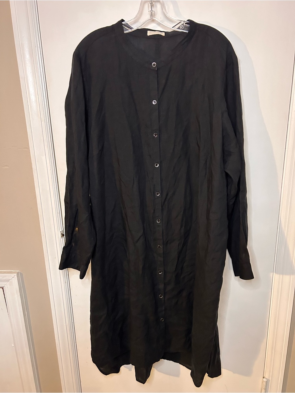 EILEEN FISHER BLACK ORGANIC LINEN MANDARIN COLLAR SHIRT DRESS SIZE LARGE